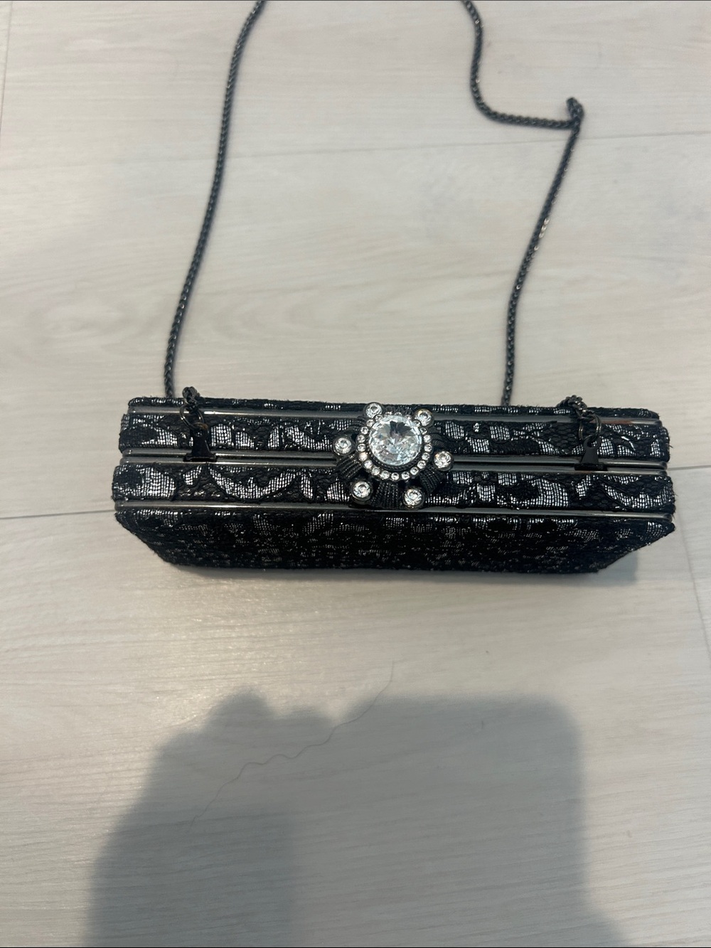 Nina Black Lace Sequined Clutch with Crystal Rosette